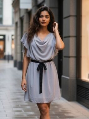 Allegra K  Gray Flutter Sleeve Cowl Neck Mini Belted Chiffon Dress Size L